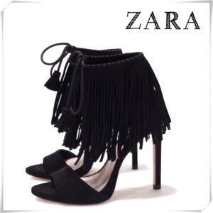 Zara Suede Ankle Fringe Lace tie High Heel Sandals in Black